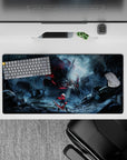 Moody storm-blue anime girl mouse pad 32x16 inches with neon crimson accents and cinematic rain.
