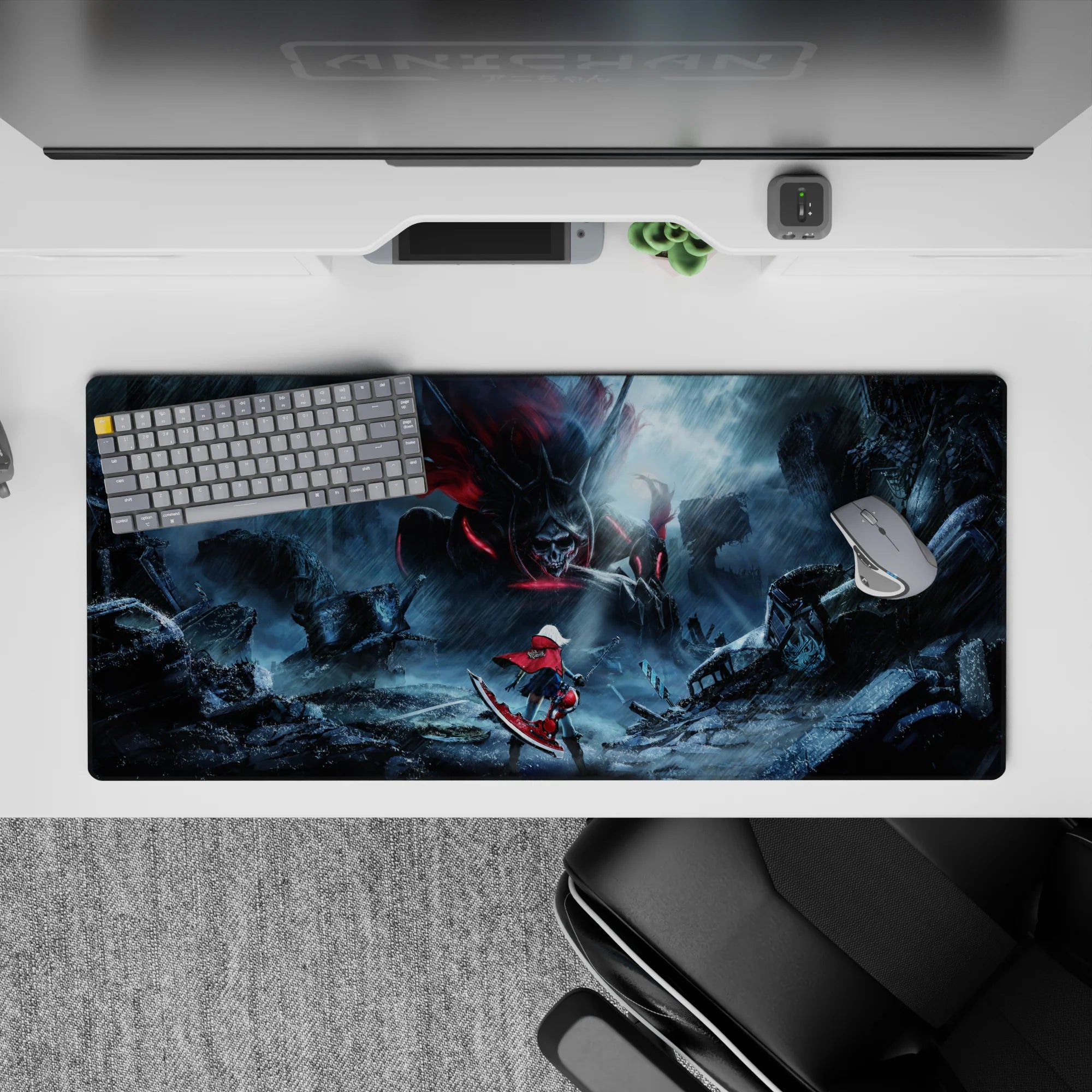 Moody storm-blue anime desk pad 36x16 inches with crimson neon highlights, gritty rain and cinematic chill.