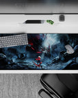 Moody storm-blue anime desk pad 36x16 inches with crimson neon highlights, gritty rain and cinematic chill.