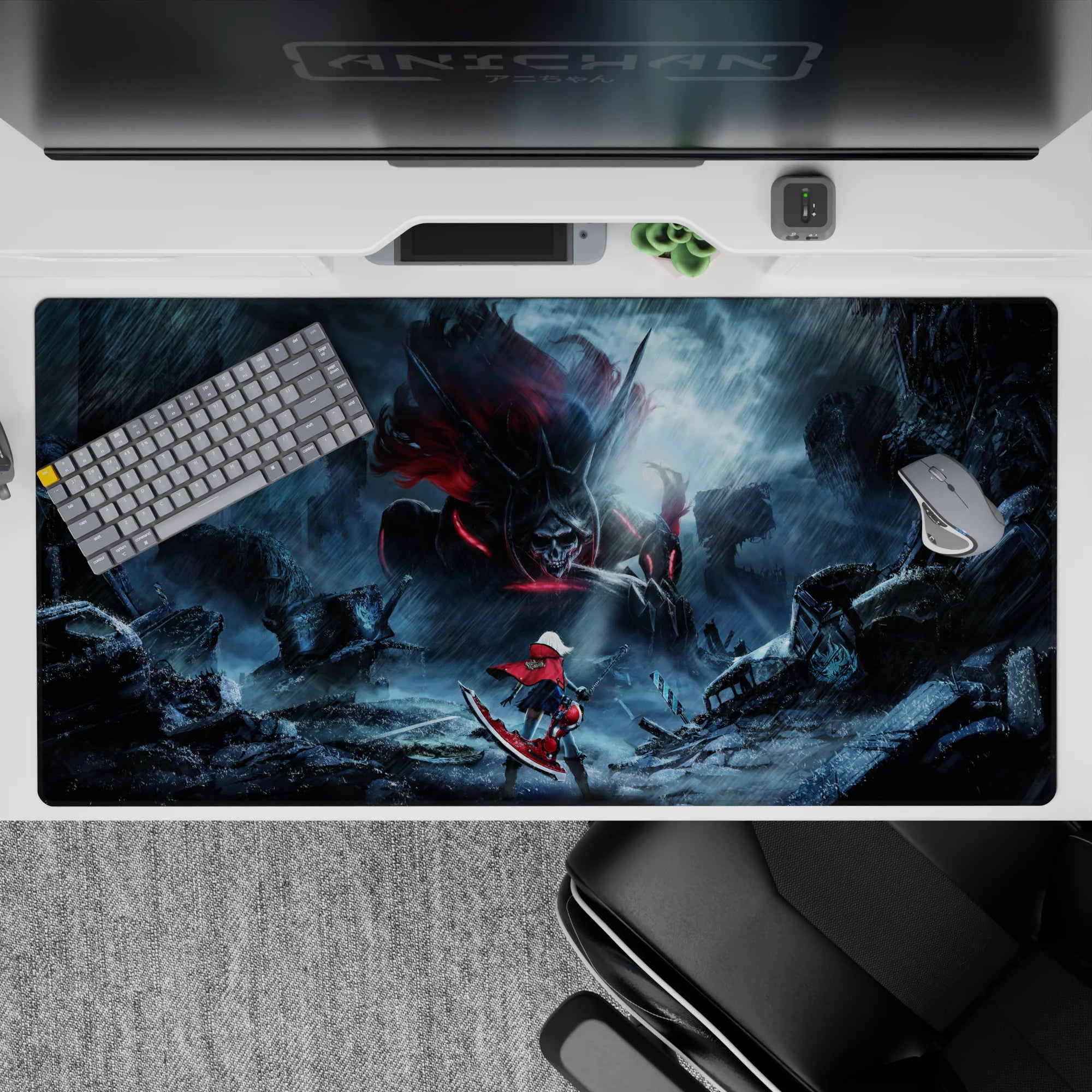 40x20 inches anime desk pad in stormy blues with neon crimson sparks, sharp steel skyline, cinematic rain.