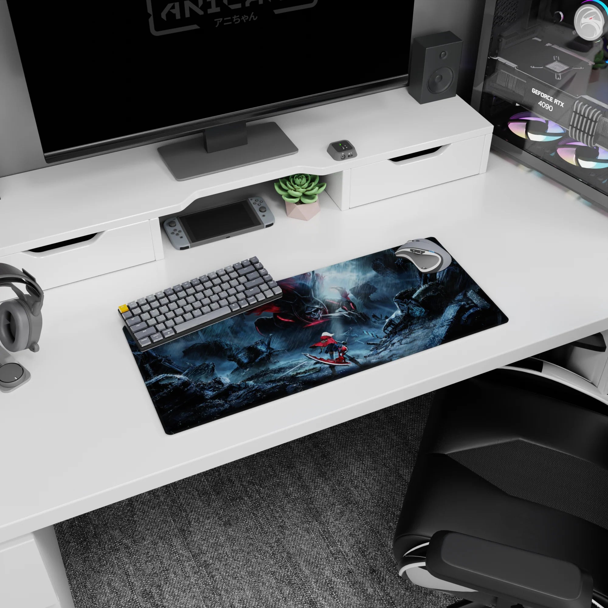 28x12 inches anime girl mouse pad showing a tiny red-caped warrior on a board facing a giant skull monster.