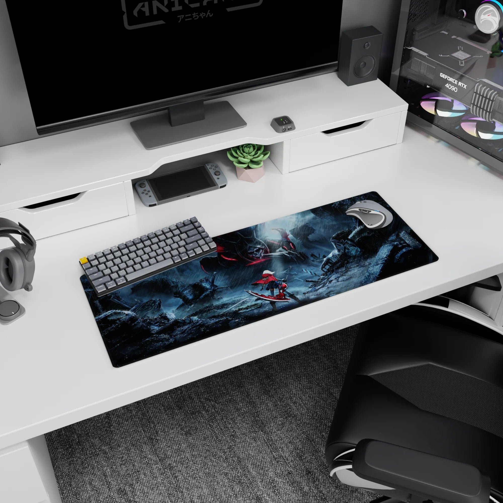 Red-caped anime girl faces a horned skull monster on her board, mouse pad 32x12 inches battle scene.