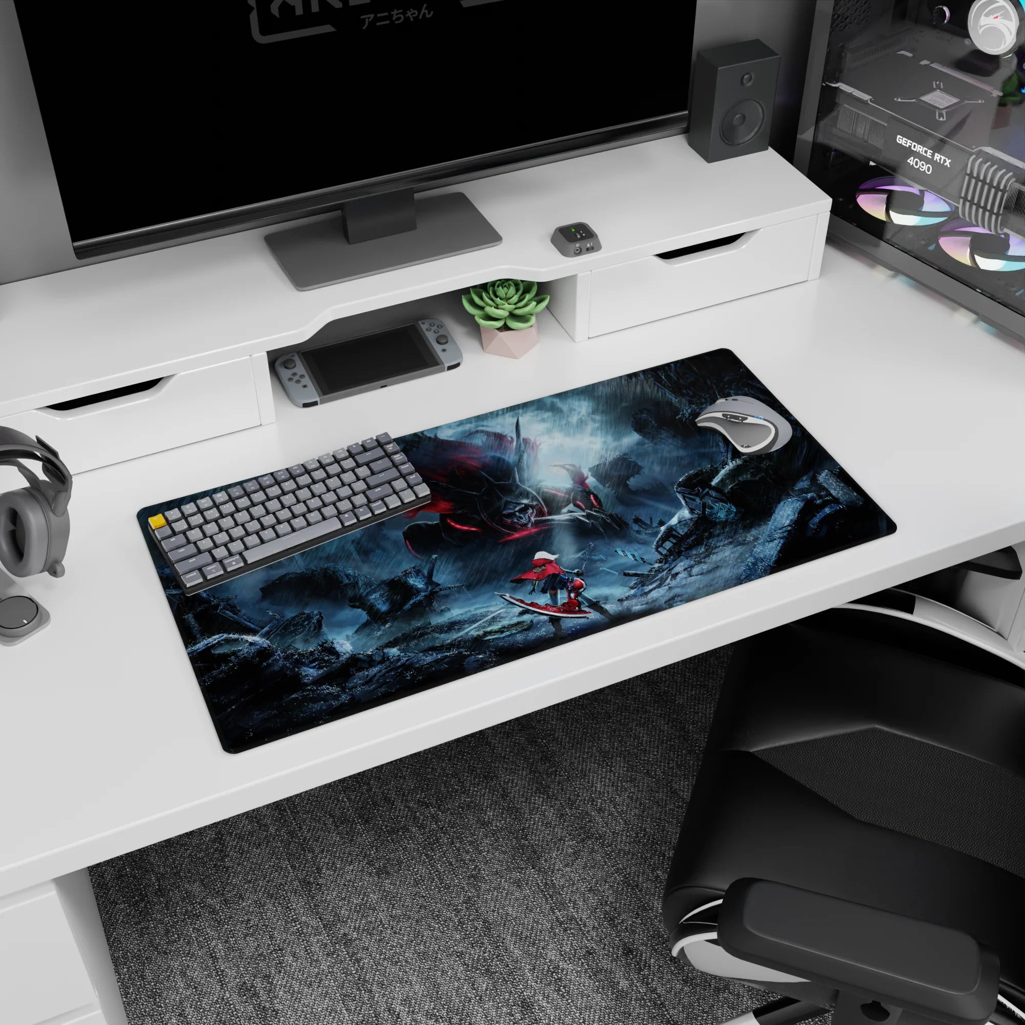Red-cloaked anime fighter with board vs giant horned skull monster mouse pad 32x16 inches.