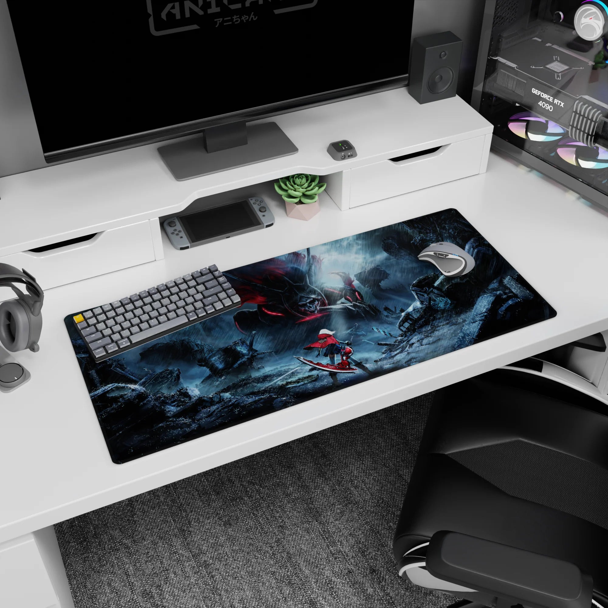 Anime desk pad 36x16 inches showing a fearless red-caped girl on a board facing a giant horned skull beast.