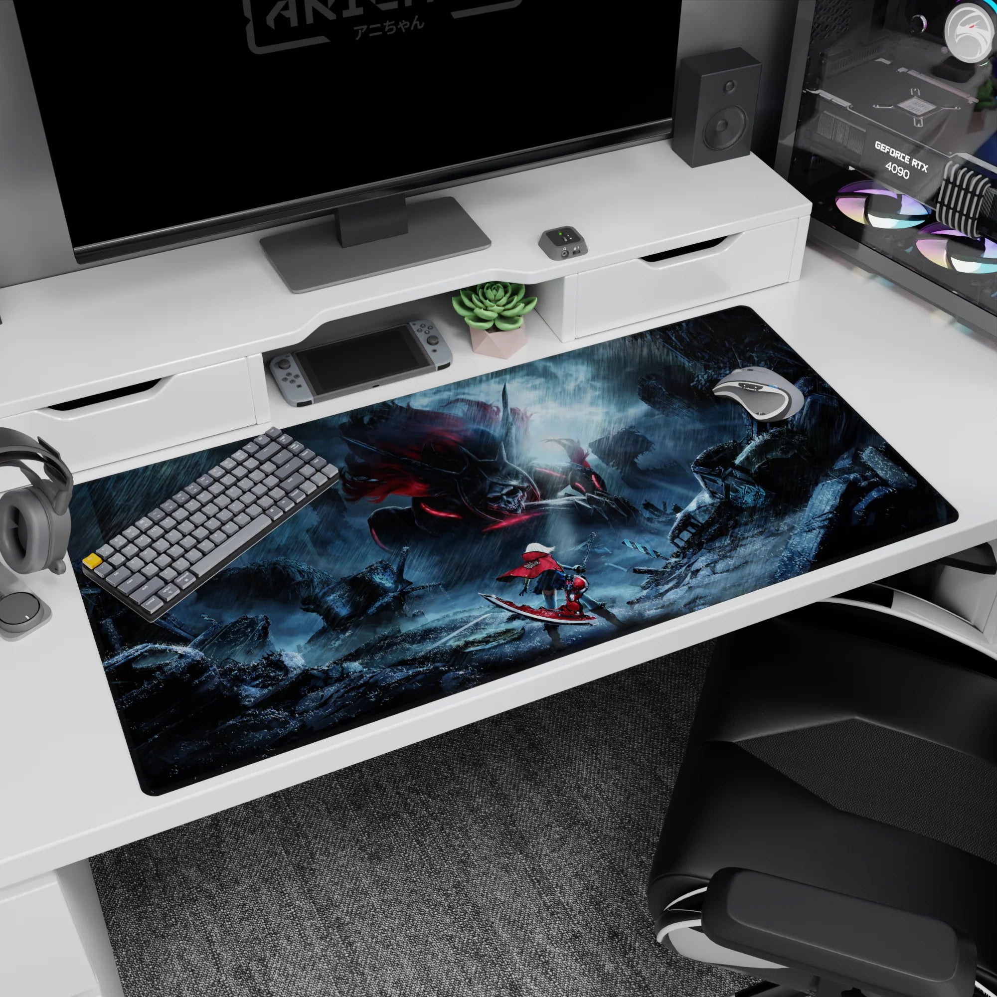 Anime desk pad 40x20 inches featuring a fearless red-caped fighter on a board facing a giant skull beast.