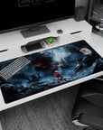 Anime desk pad 40x20 inches featuring a fearless red-caped fighter on a board facing a giant skull beast.
