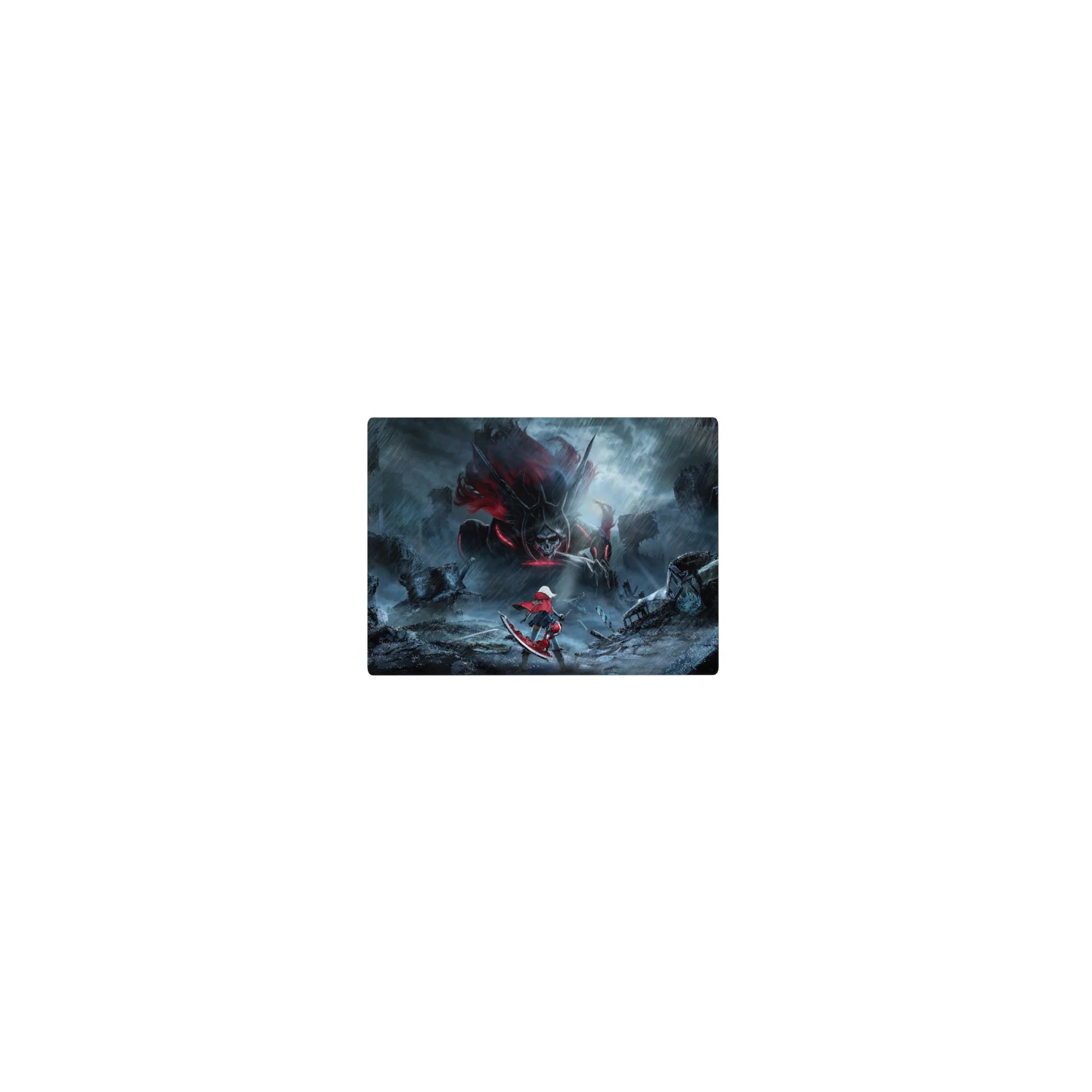 Classic anime girl mouse pad 14x10 inches with red-cloaked fighter and horned skull beast in rain.