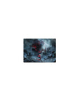 Classic anime girl mouse pad 14x10 inches with red-cloaked fighter and horned skull beast in rain.