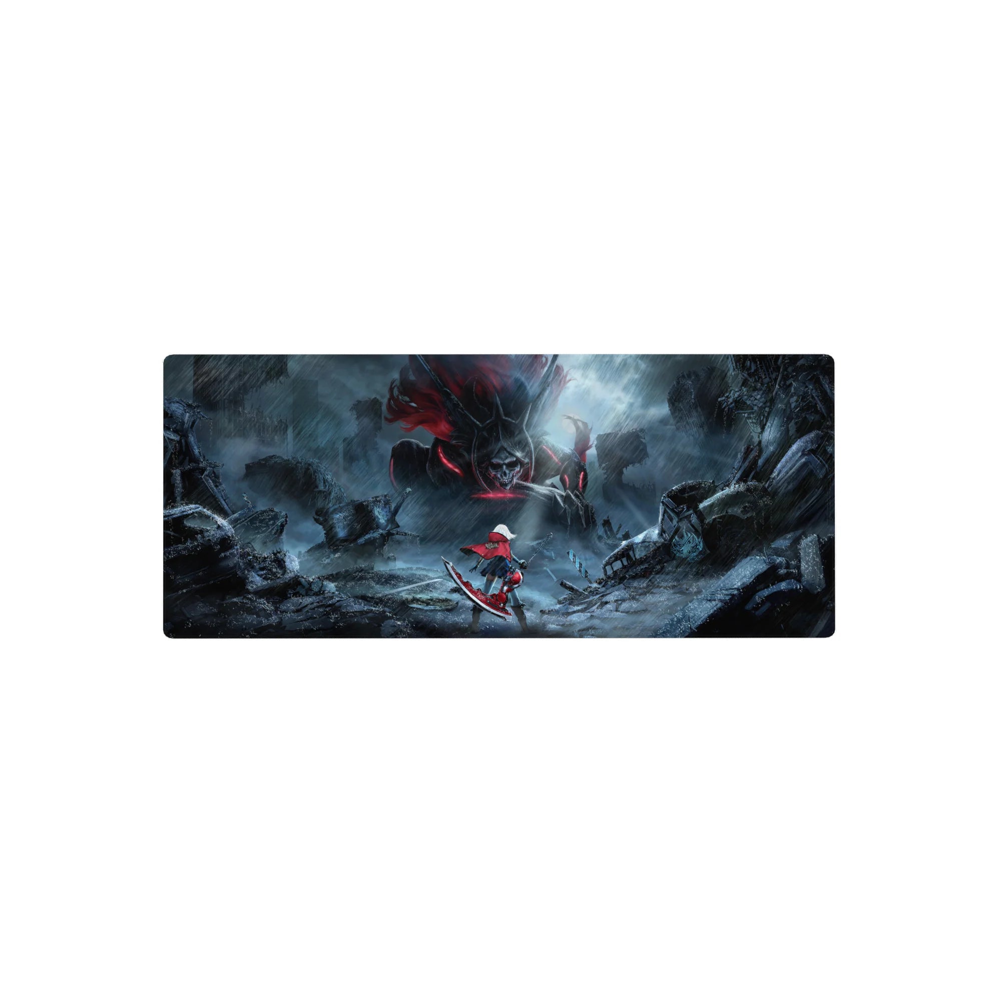 Anime girl mouse pad 28x12 inches with red-cloaked fighter vs horned skull beast in a rainy city.