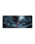 Anime girl mouse pad 28x12 inches with red-cloaked fighter vs horned skull beast in a rainy city.