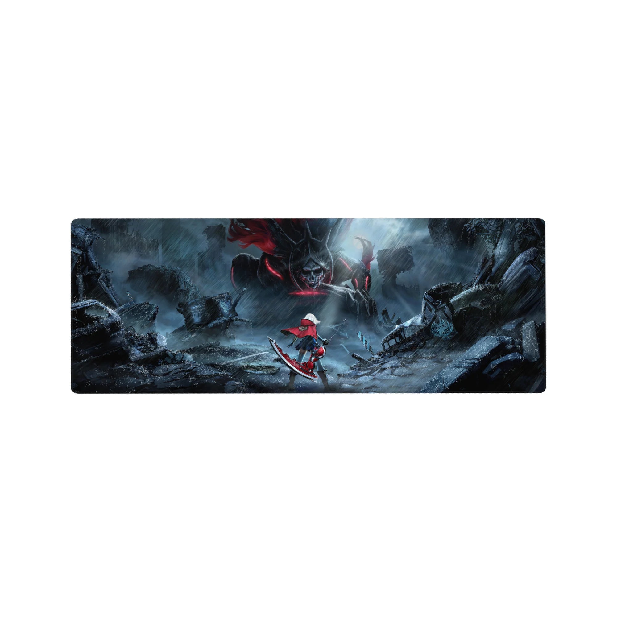Anime girl mouse pad 32x12 inches with red-cloaked fighter, city ruins, and giant horned skull beast.