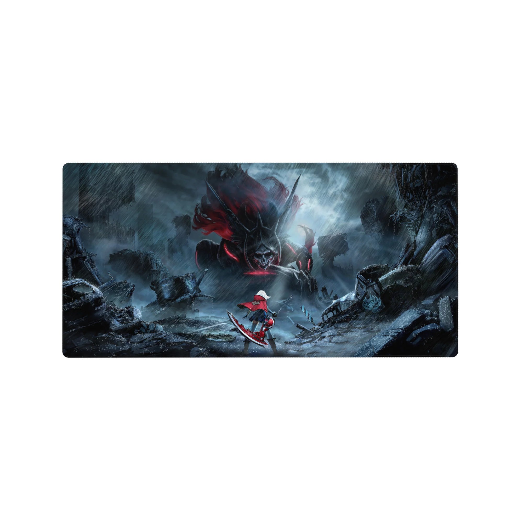 Anime girl mouse pad 32x16 inches with red-caped heroine facing horned skull beast in rainy city.
