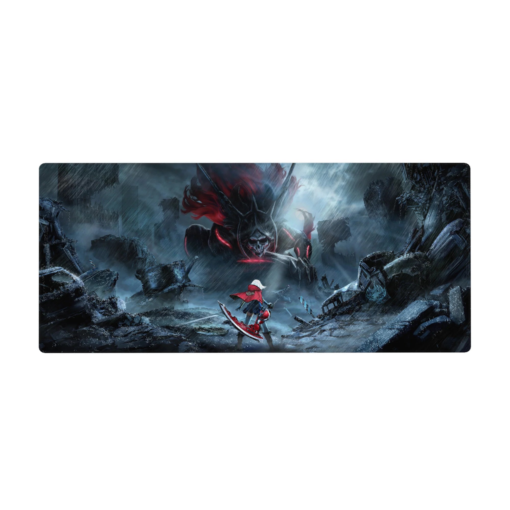 Anime girl desk pad 36x16 inches with red-cloaked fighter, neon accents, rain-soaked steel city backdrop.