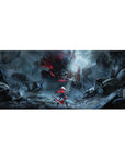 Anime girl desk pad 36x16 inches with red-cloaked fighter, neon accents, rain-soaked steel city backdrop.