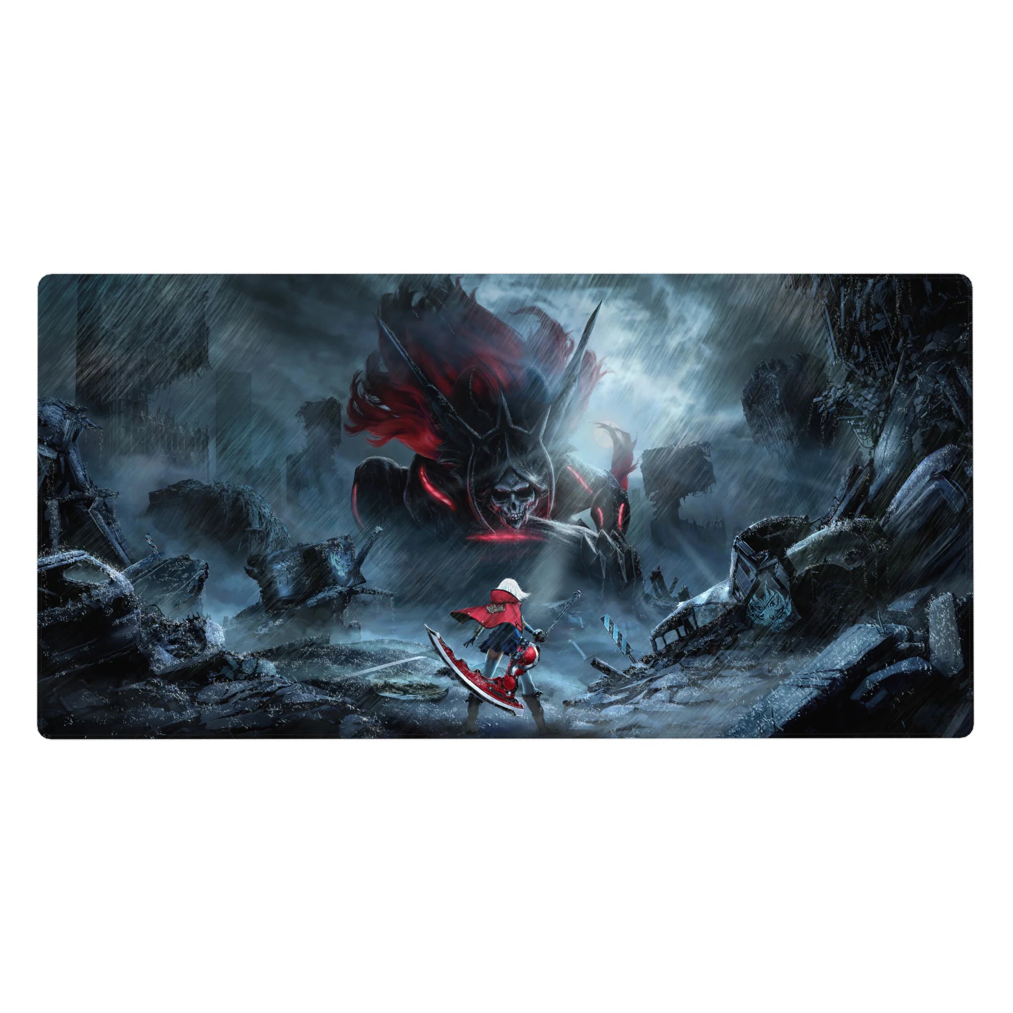 Anime girl desk pad 40x20 inches with red-cloaked hero vs horned skull monster in rainy city ruins.