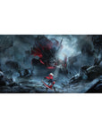 Anime girl desk pad 40x20 inches with red-cloaked hero vs horned skull monster in rainy city ruins.