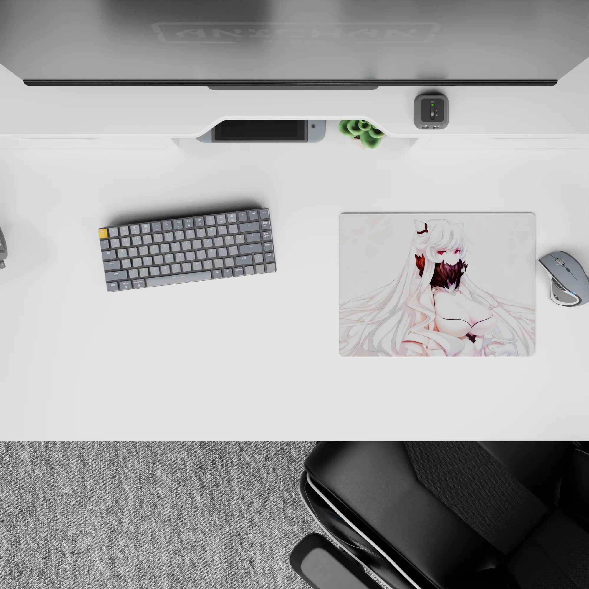Anime girl mouse pad 14x10 inches in soft white and blush with burgundy accents, mysterious quiet vibe.