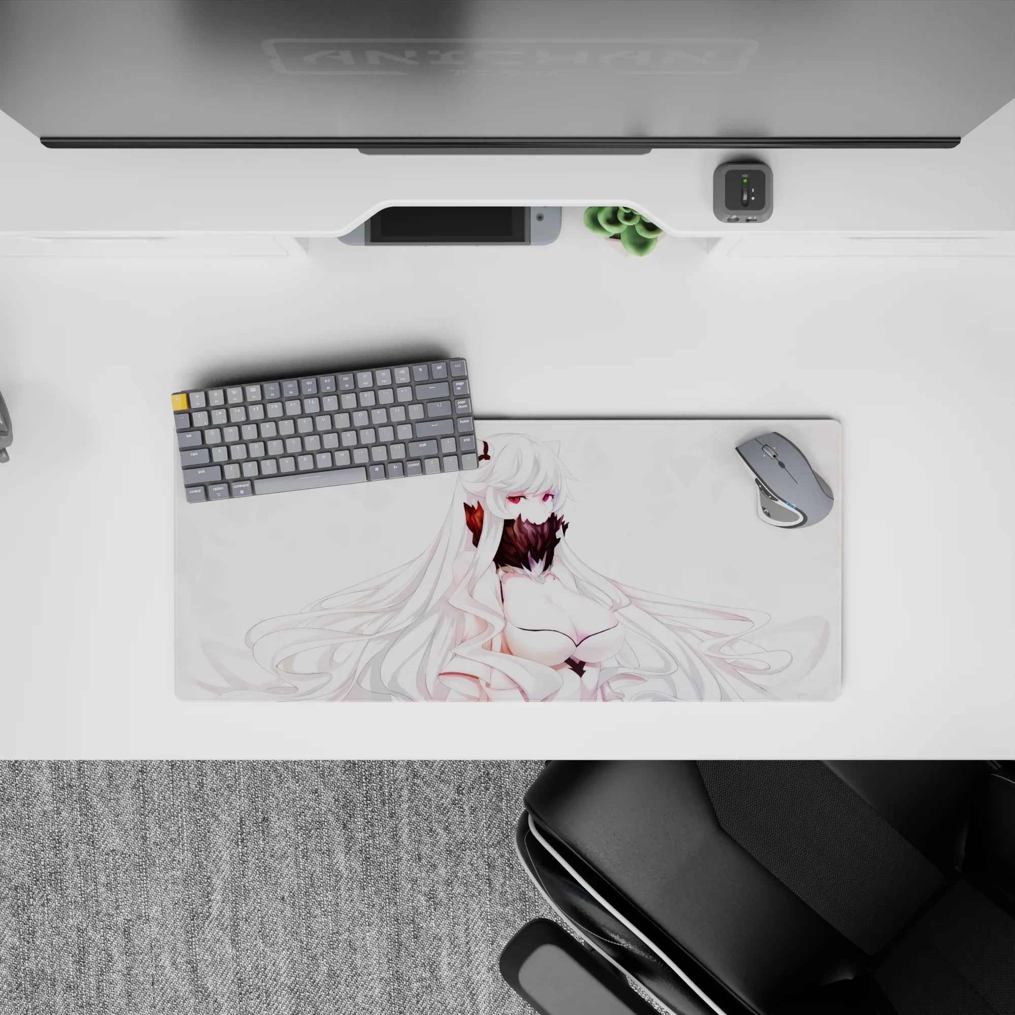 28x12 inches anime desk mouse pad in soft whites and blush with burgundy accents, mysterious quiet vibe.