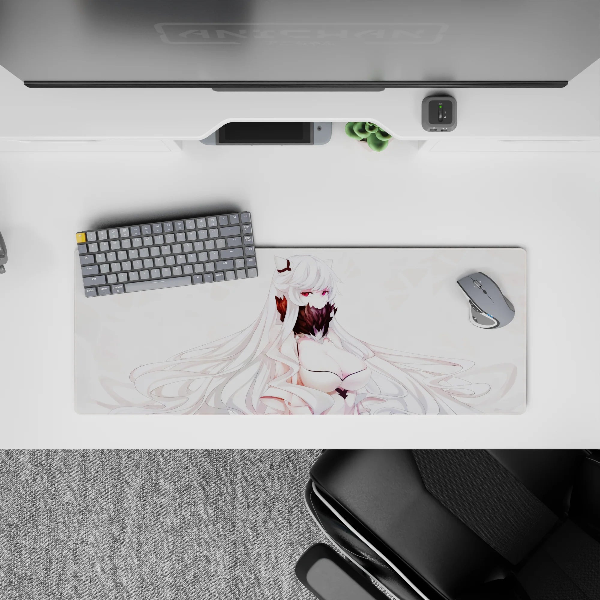 Snowy white and blush anime mouse pad 32x12 inches, burgundy accents, sly quiet magical vibe.