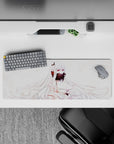 Snowy white and blush anime mouse pad 32x12 inches, burgundy accents, sly quiet magical vibe.