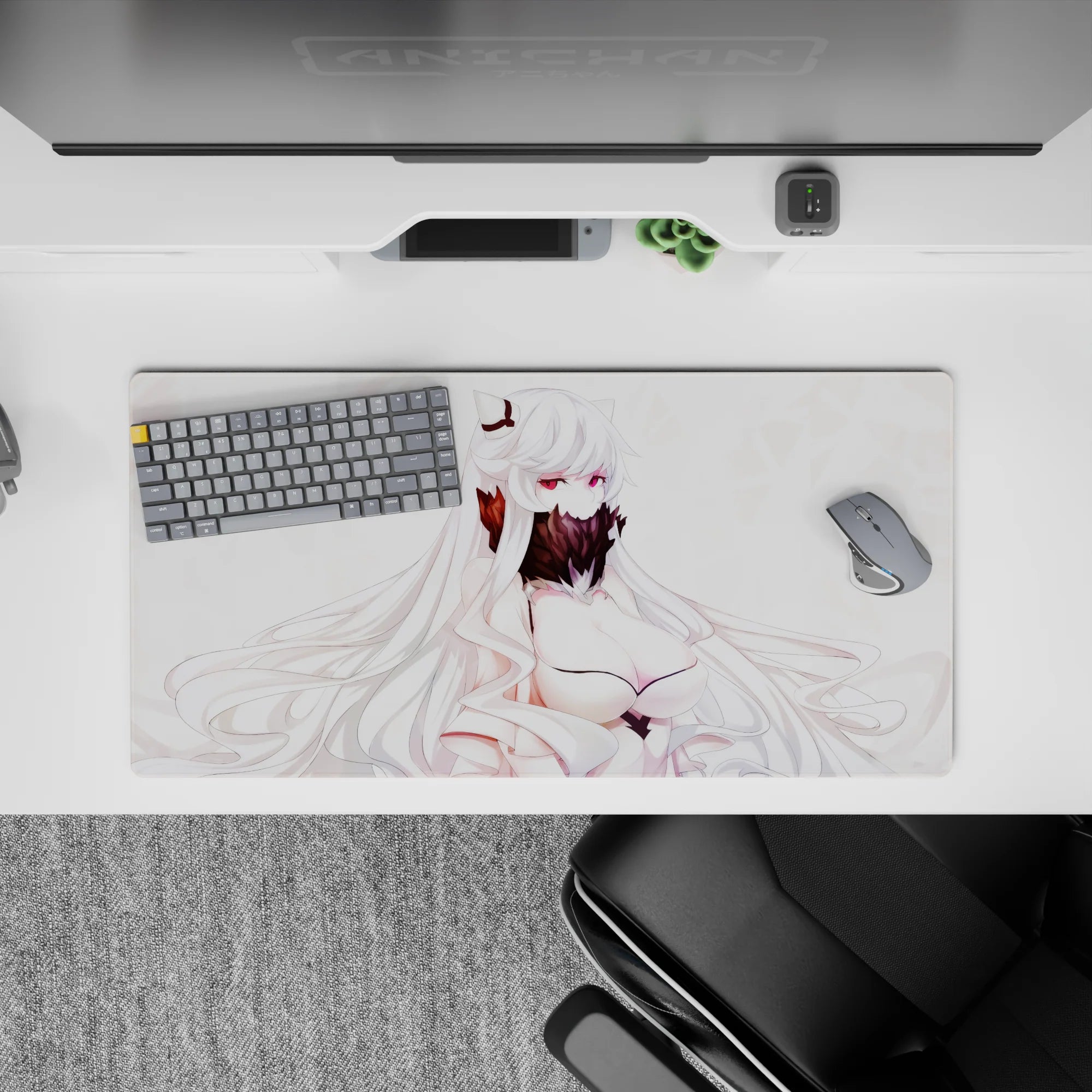 Anime girl mouse pad 32x16 inches in soft whites and blush with burgundy accents, sly mysterious vibe.