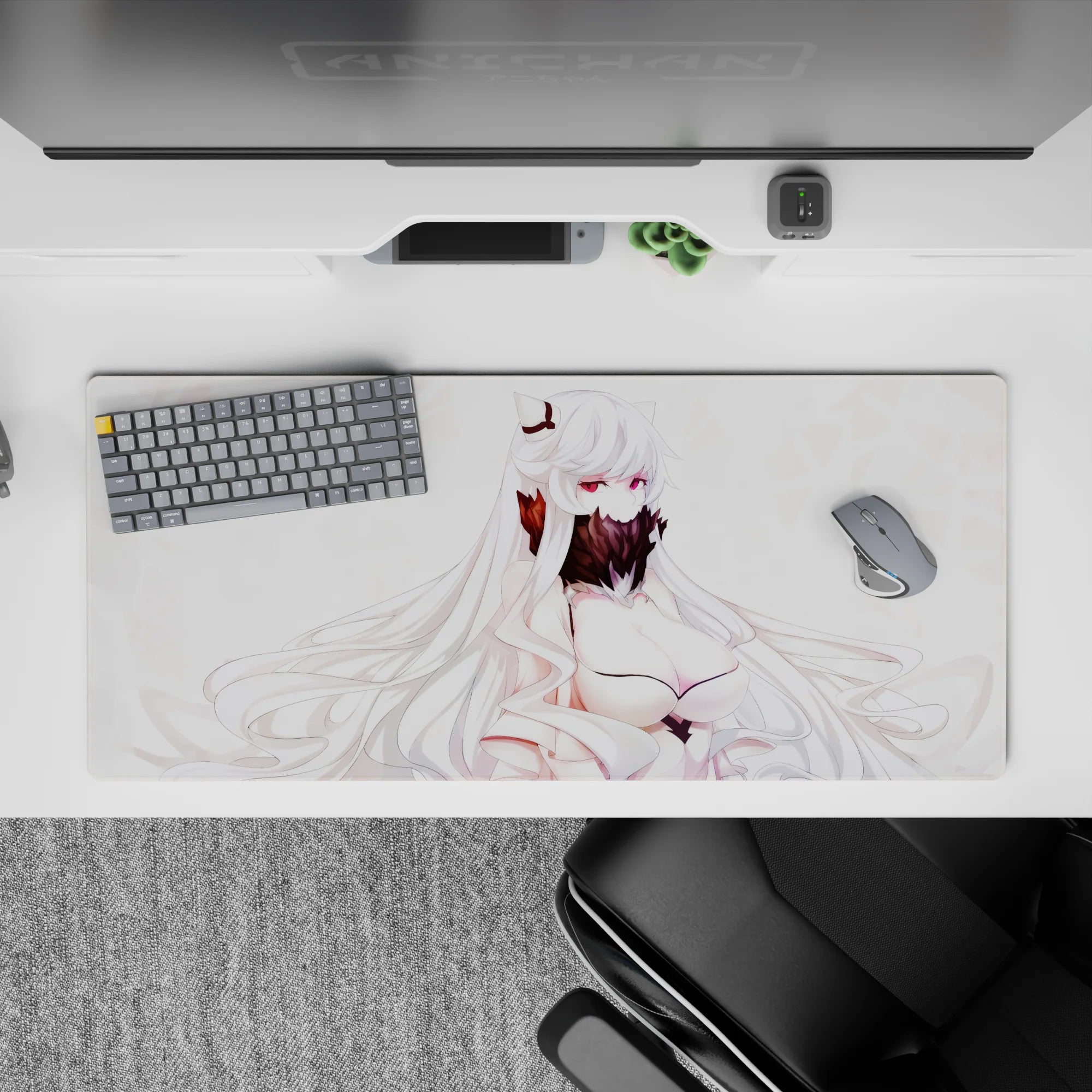 36x16 inches anime desk pad in soft whites and blush with burgundy accents, quiet mysterious vibe.