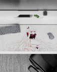 36x16 inches anime desk pad in soft whites and blush with burgundy accents, quiet mysterious vibe.
