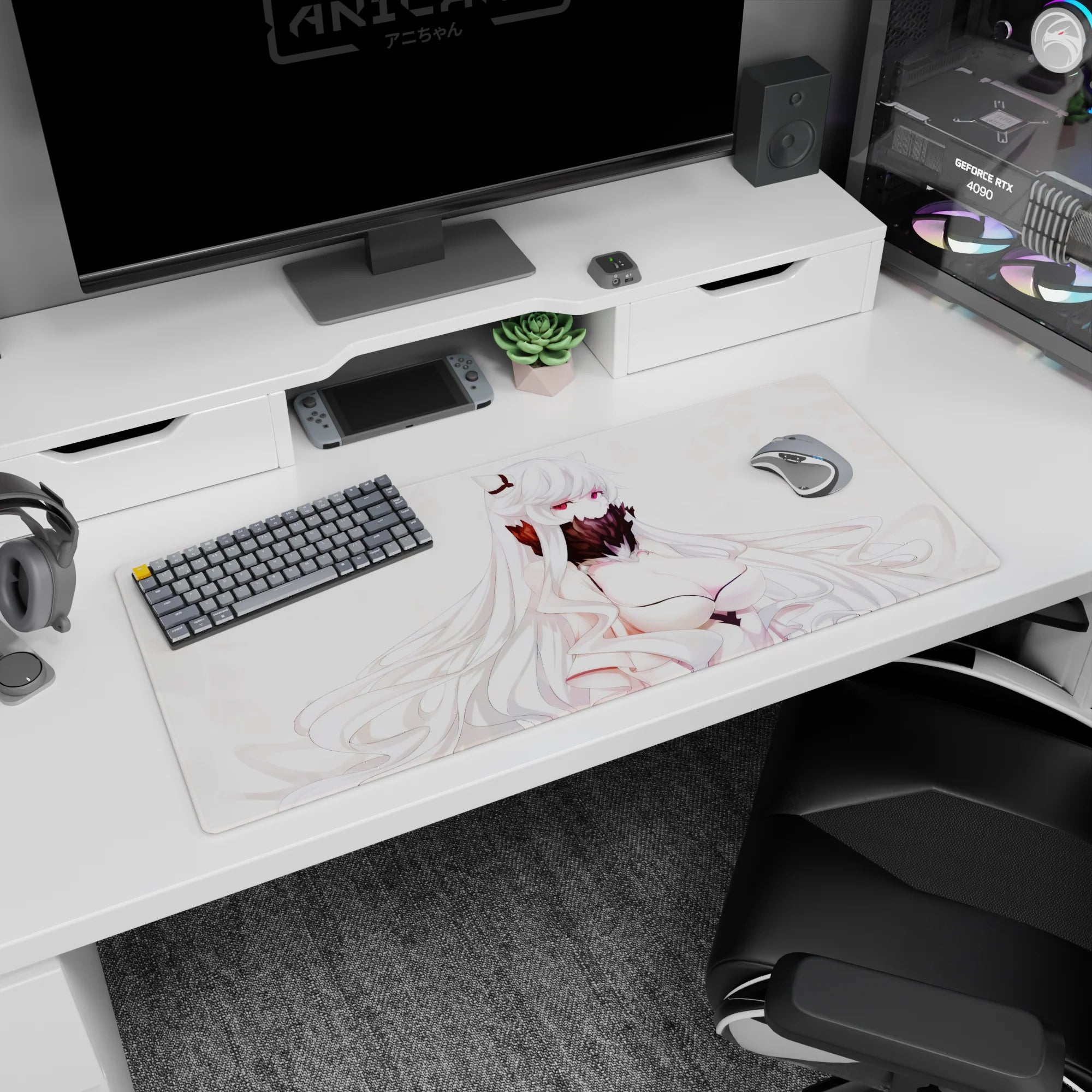 Anime fox girl with snowy hair and sharp pink eyes behind a dark feathered fan on 36x16 inches desk pad.