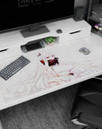 Fox-eared snowy-haired anime girl with pink eyes hiding behind a dark feathered fan on 40x20 inches desk pad.