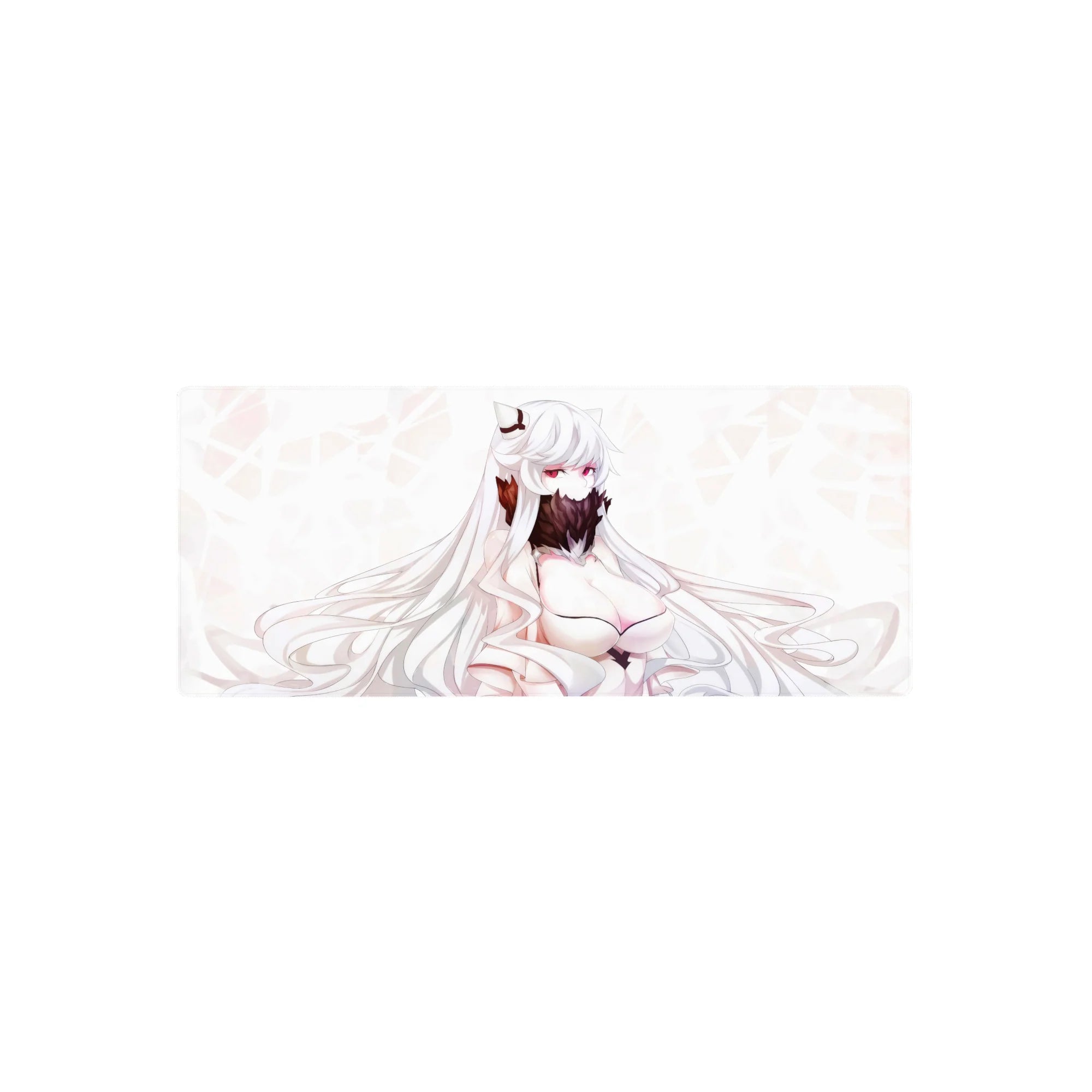 28x12 inches anime girl mouse pad with snowy fox-eared kitsune and dark feather fan, smooth desk mat.