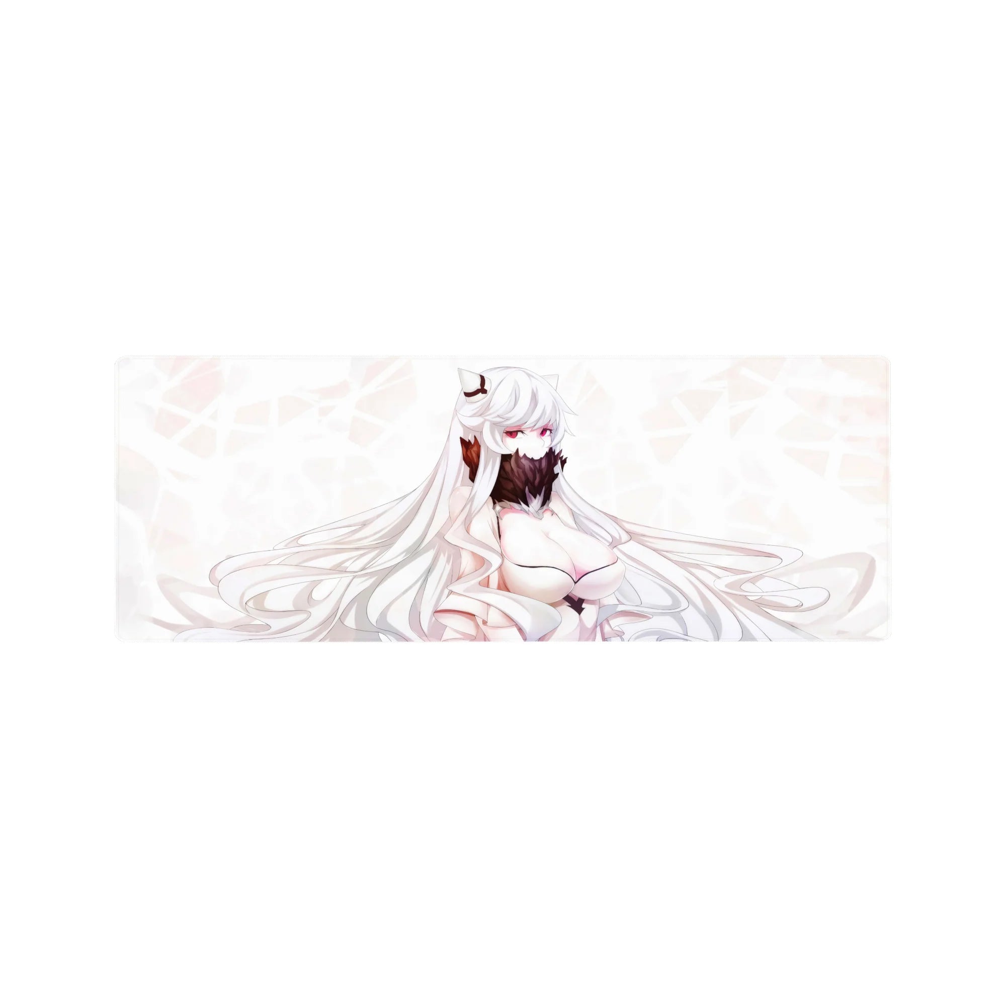 Anime girl fox-eared kitsune desk mouse pad 32x12 inches with feathered fan and elegant pattern.