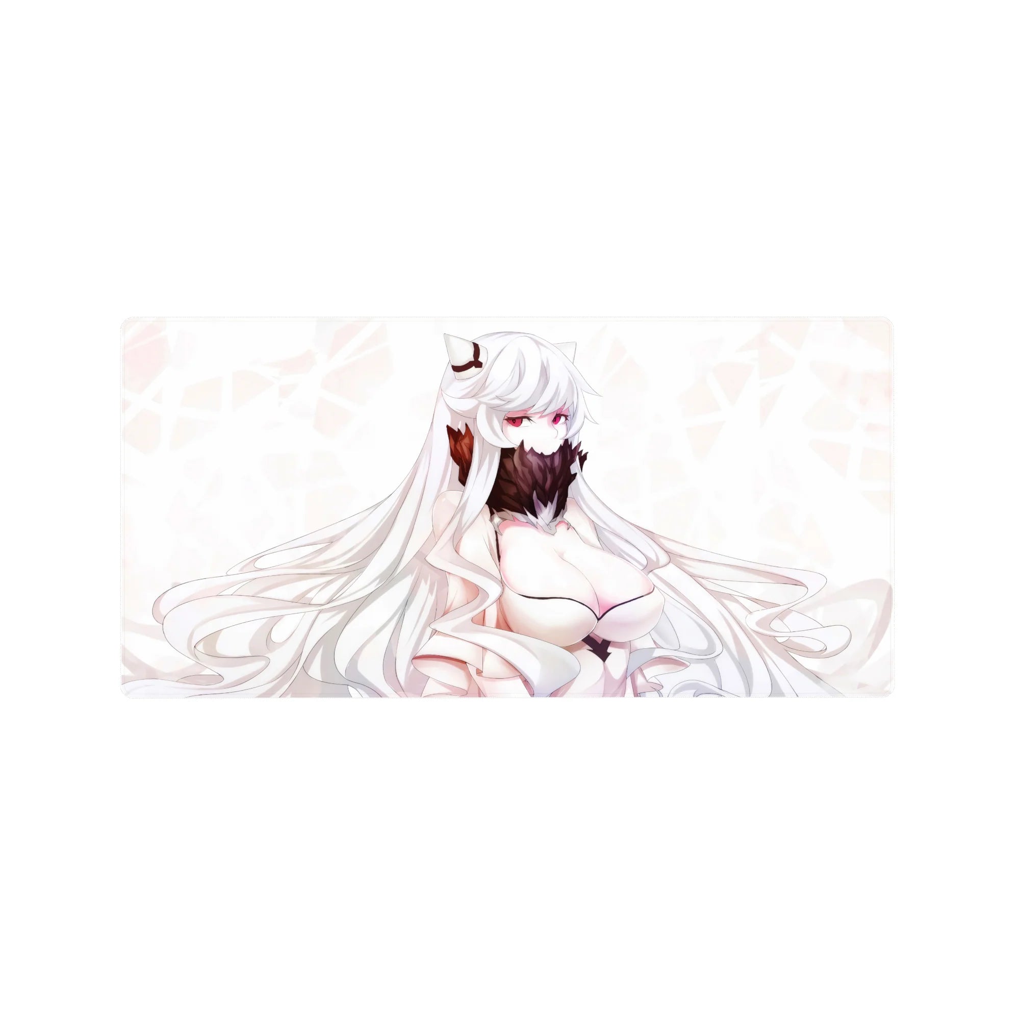 Anime girl mouse pad 32x16 inches with fox-eared snowy-haired kitsune and feathered fan, gaming desk mat.