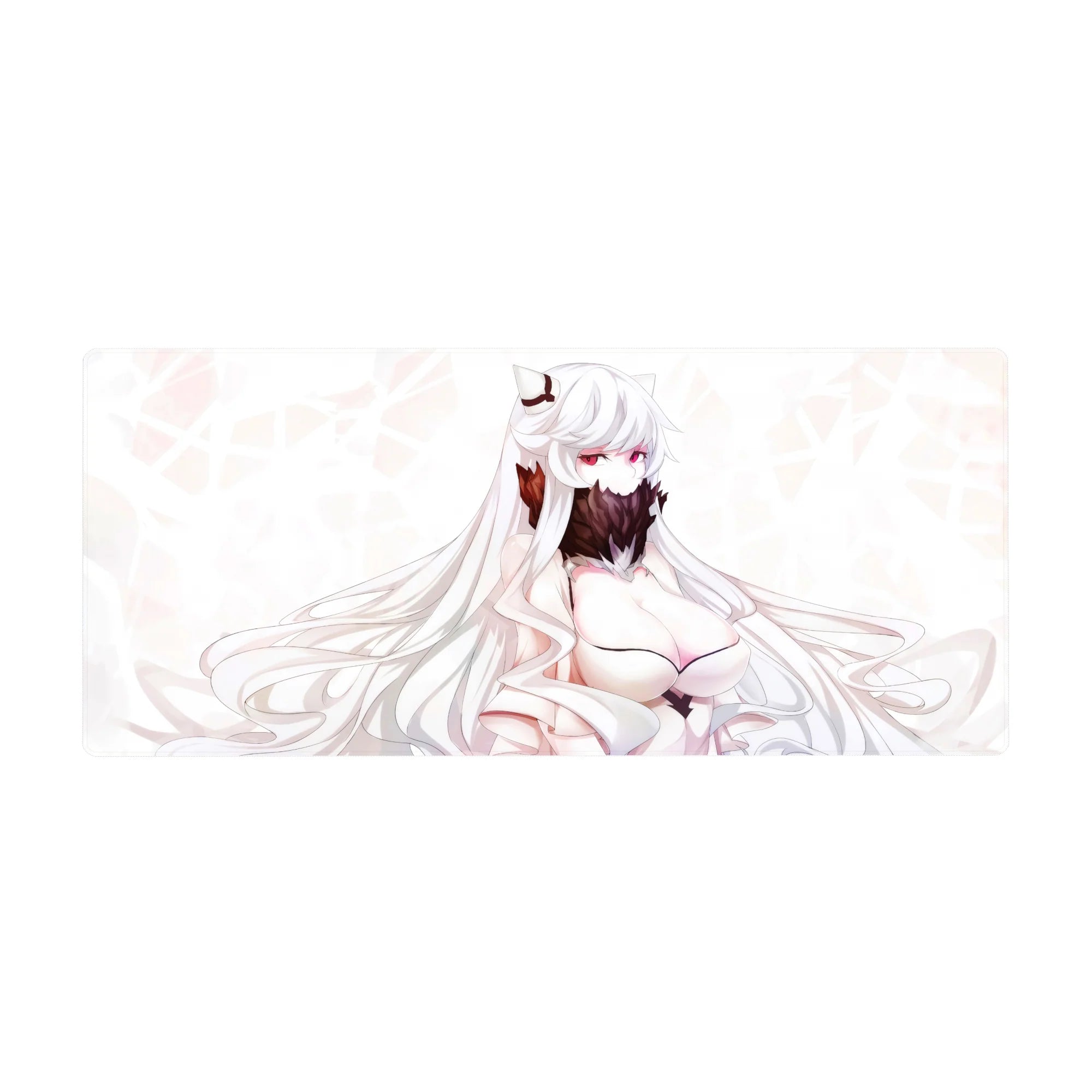 Anime girl desk pad 36x16 inches with fox-eared kitsune art, feather fan, smooth gaming surface.