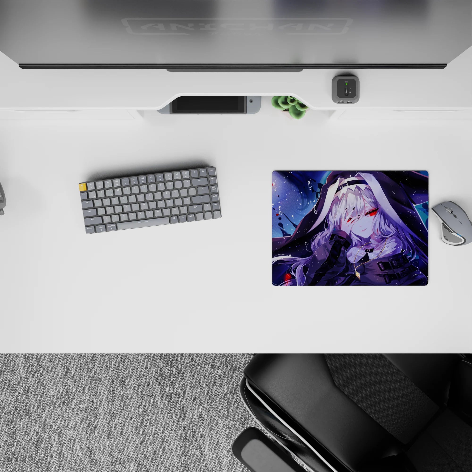 Moody midnight anime mouse pad 14x10 inches in indigo and icy blue with crimson splashes and snow specks.