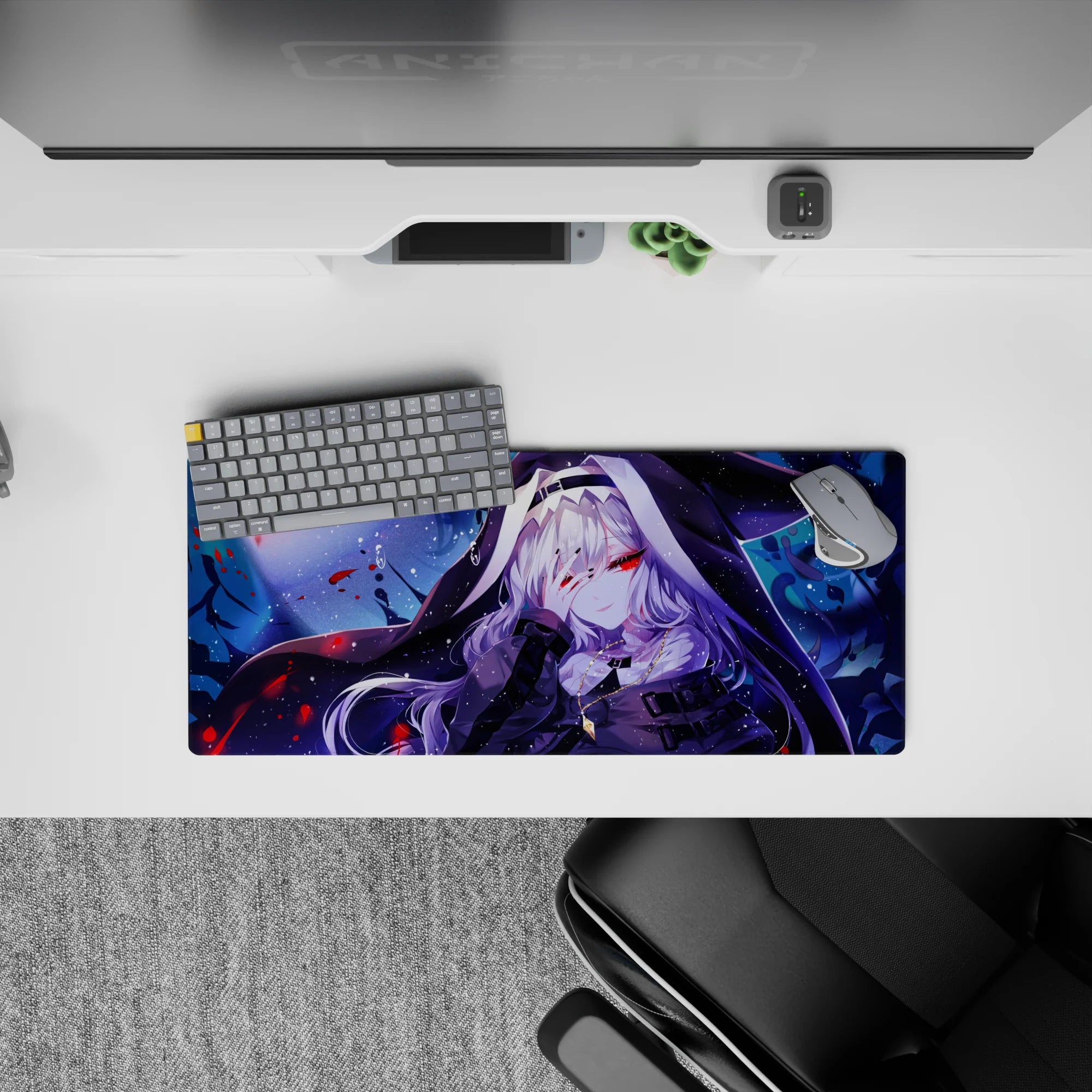 Anime girl mouse pad 28x12 inches in indigo and icy blue with crimson accents, midnight magic mood.