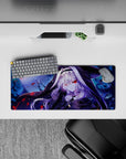 Anime girl mouse pad 28x12 inches in indigo and icy blue with crimson accents, midnight magic mood.