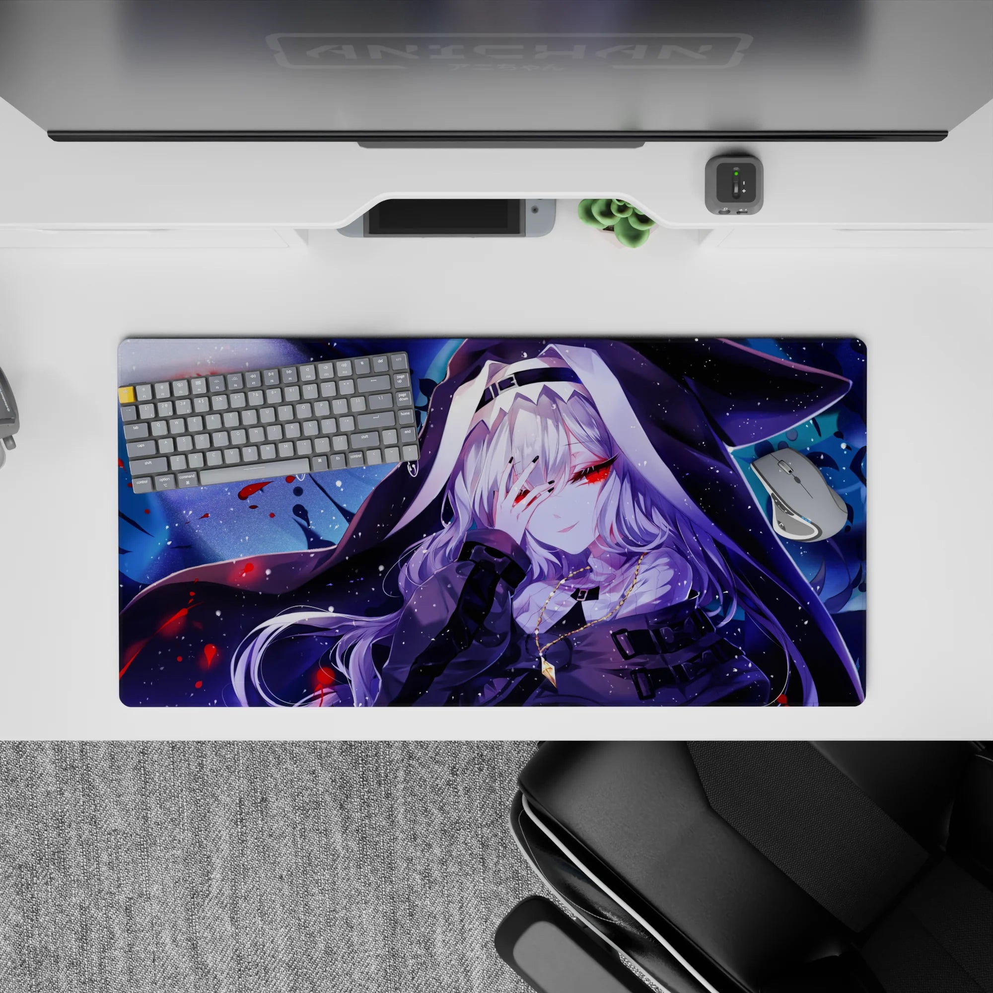 32x16 inches extended mouse pad in indigo and icy blue, midnight magic vibe with sharp crimson splashes.