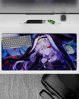 32x16 inches extended mouse pad in indigo and icy blue, midnight magic vibe with sharp crimson splashes.