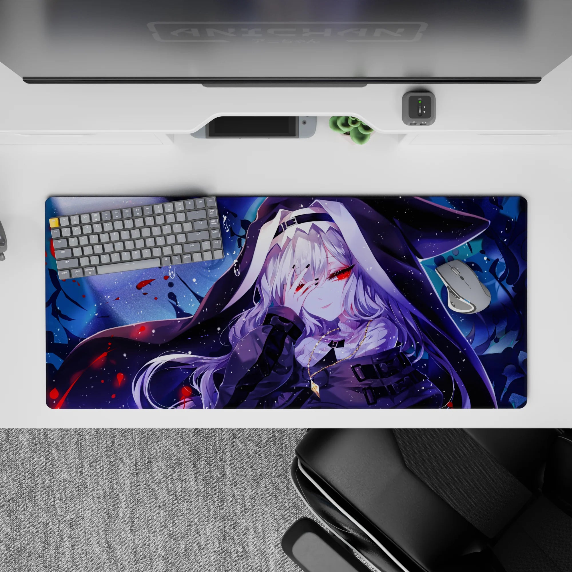 Indigo and icy blue anime desk pad 36x16 inches with snowy specks and crimson accents, dark mystic mood.