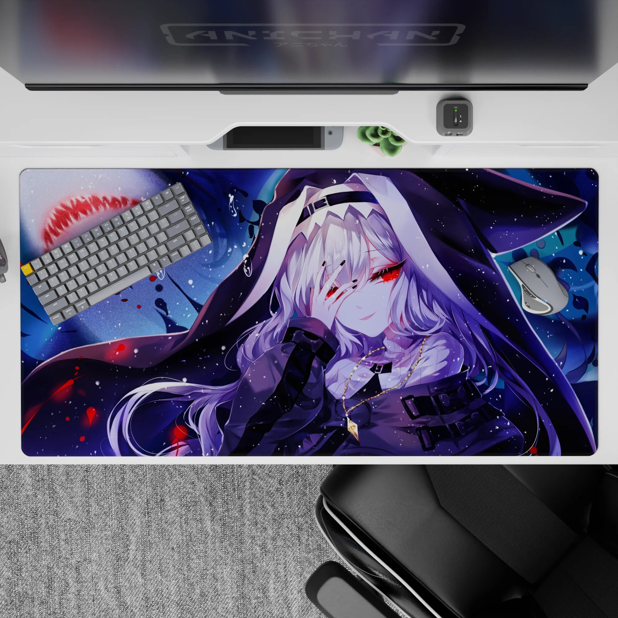 Midnight magic anime desk pad 40x20 inches in indigo and icy blues with crimson accents, cool and daring.