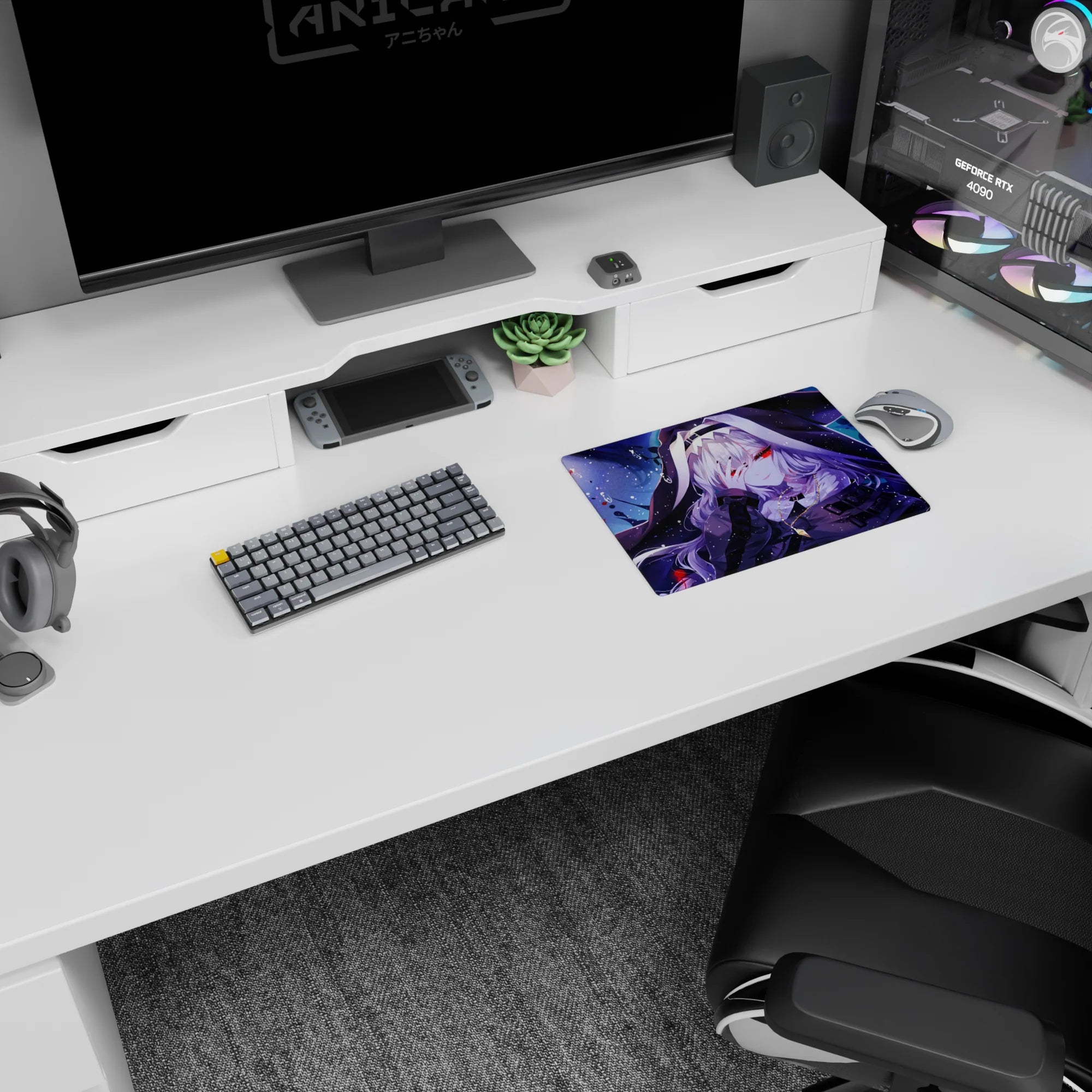 Hooded silver-haired anime girl covers her face with fingers, red eyes peeking on 14x10 inches mouse pad.