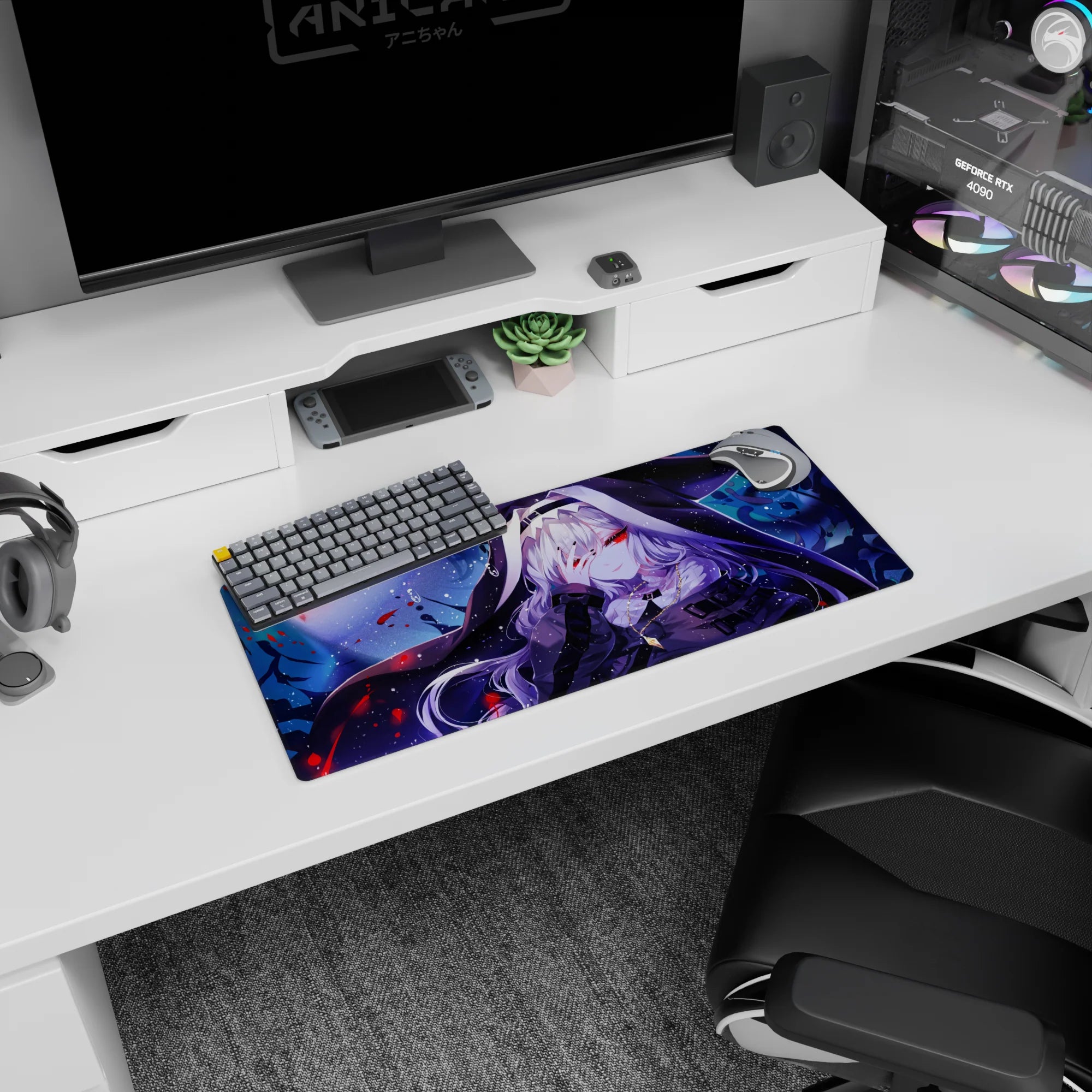 Anime girl mouse pad 28x12 inches showing a hooded silver-haired girl covering her face, red eyes peeking.
