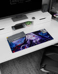 Anime girl mouse pad 28x12 inches showing a hooded silver-haired girl covering her face, red eyes peeking.