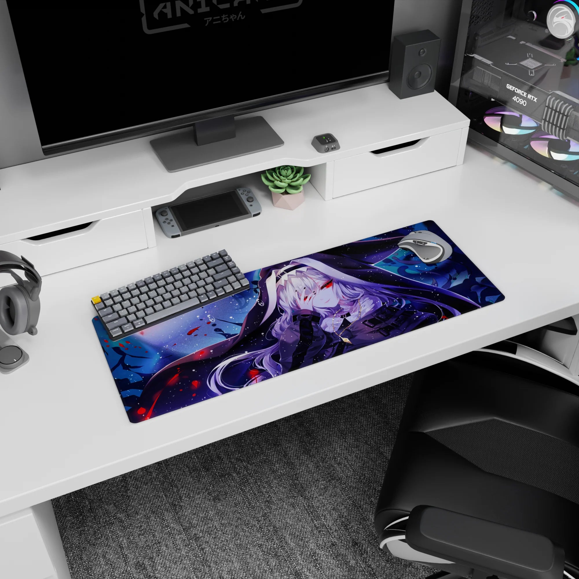 32x12 inches anime girl mouse pad showing a hooded silver-haired girl hiding red eyes behind her fingers.