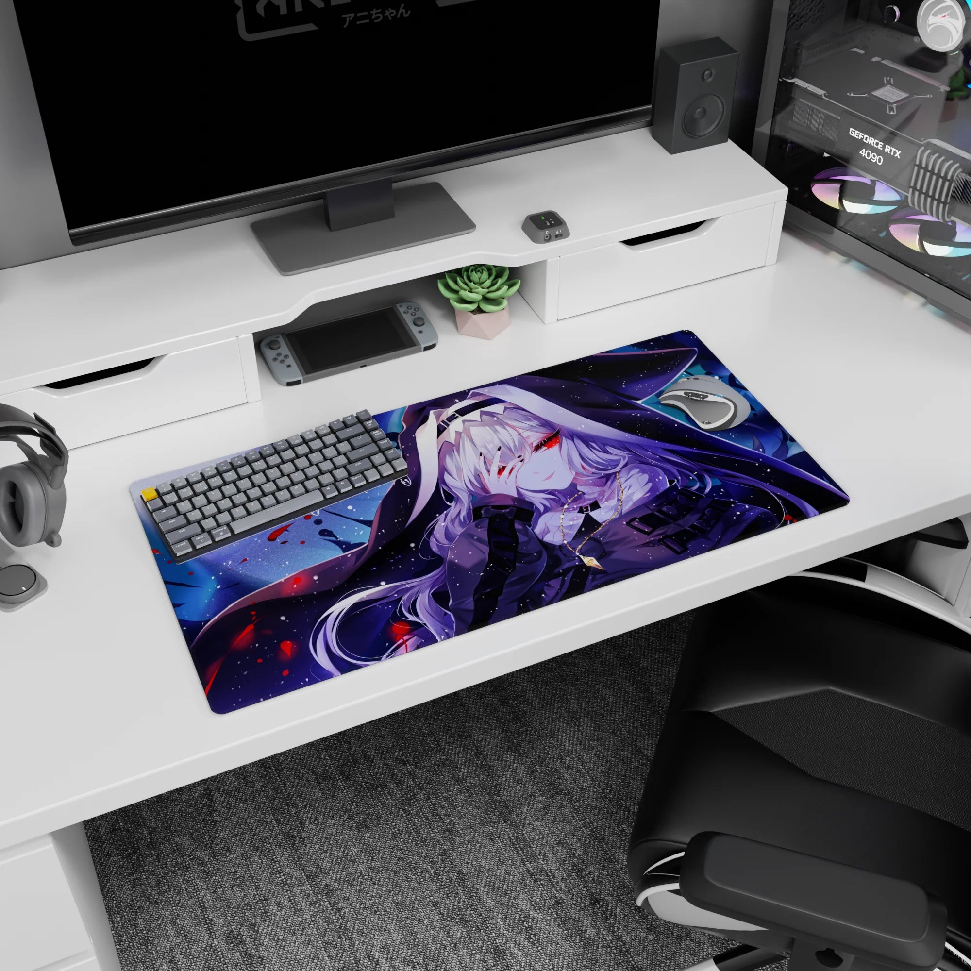 32x16 inches desk mat showing a hooded silver-haired anime girl covering her face, red eyes peeking through.