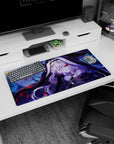 32x16 inches desk mat showing a hooded silver-haired anime girl covering her face, red eyes peeking through.