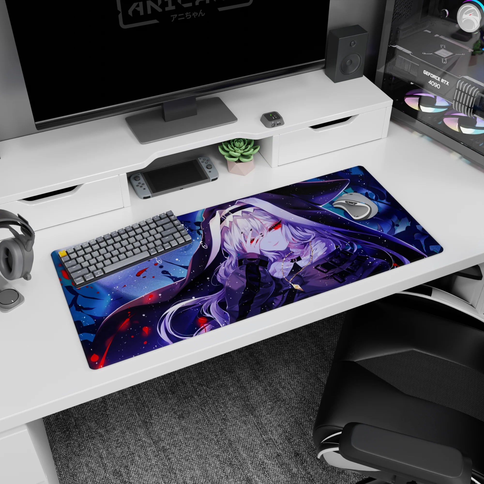 Hooded silver-haired anime girl desk pad 36x16 inches, fingers hiding red eyes like a secret in snow.