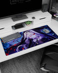 Hooded silver-haired anime girl desk pad 36x16 inches, fingers hiding red eyes like a secret in snow.