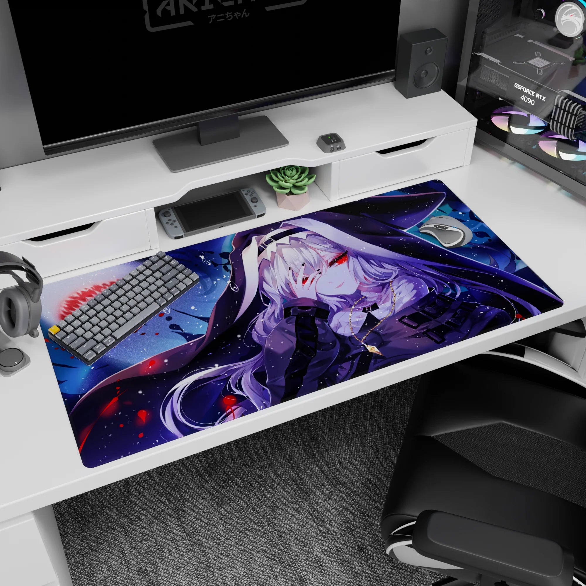 Hooded silver-haired anime girl desk pad 40x20 inches hiding red eyes behind fingers, secretive scene.