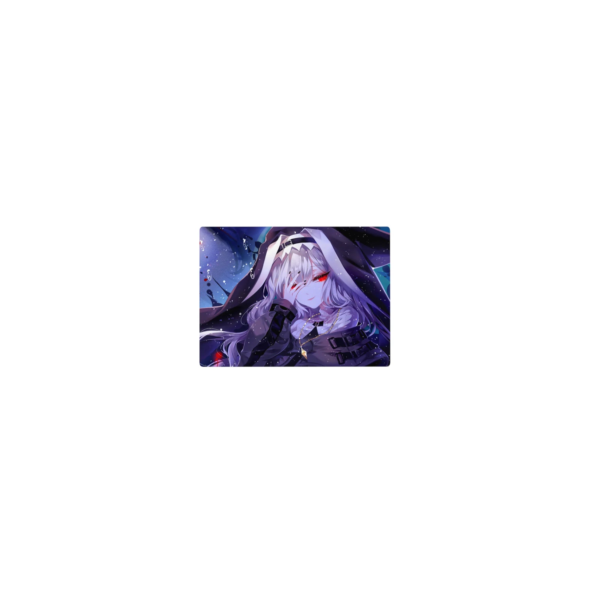 Classic anime girl mouse pad 14x10 inches with hooded silver-haired beauty, red eyes, and snowy backdrop.